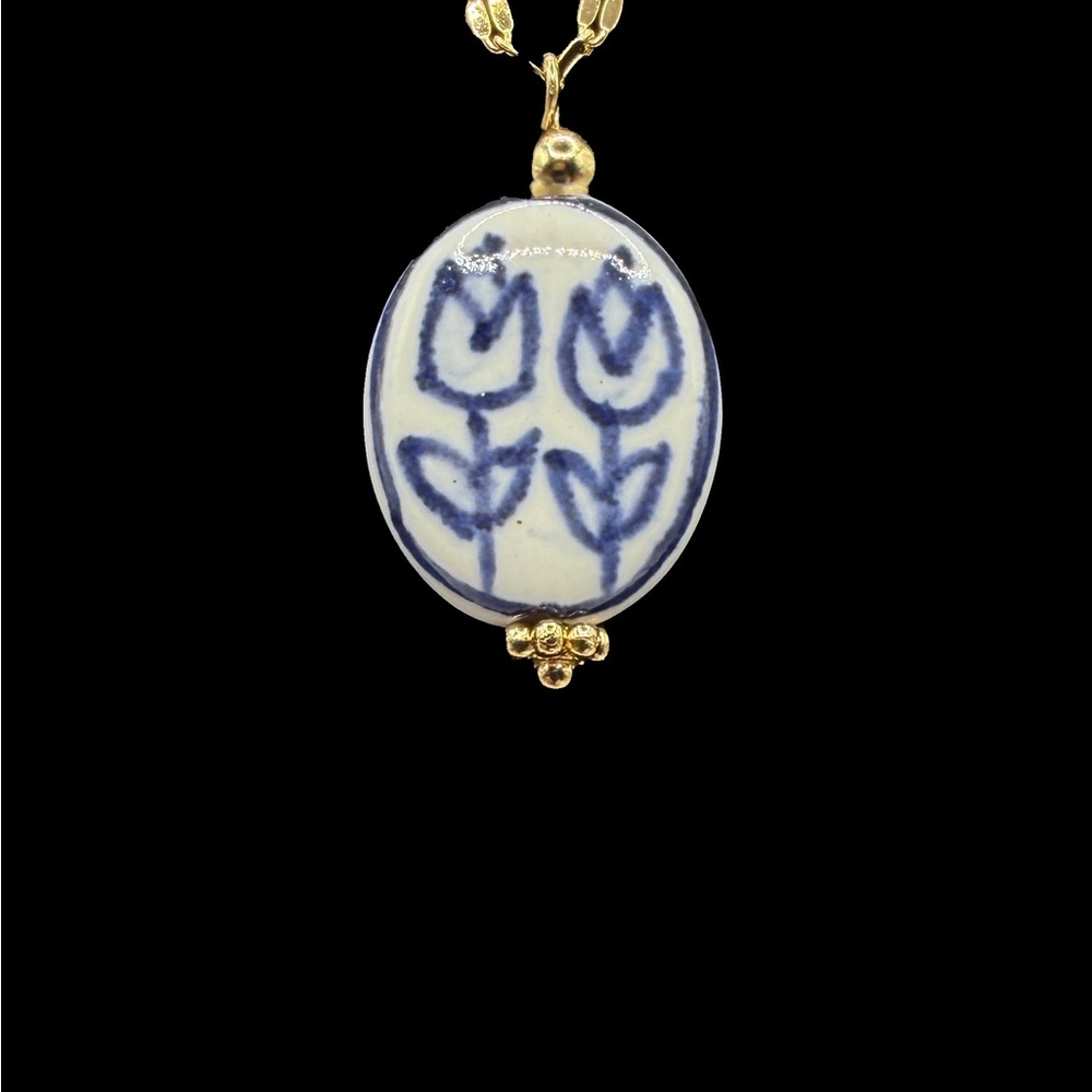 Blue and White Floral Ceramic Pendant on Stainless Steel Necklace - Picture 11 of 13